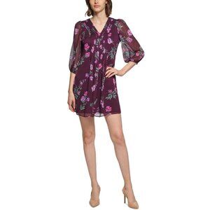 Calvin Klein Chiffon Floral Shift Dress, Size 0 Petite, Aubergine (MSRP $129)